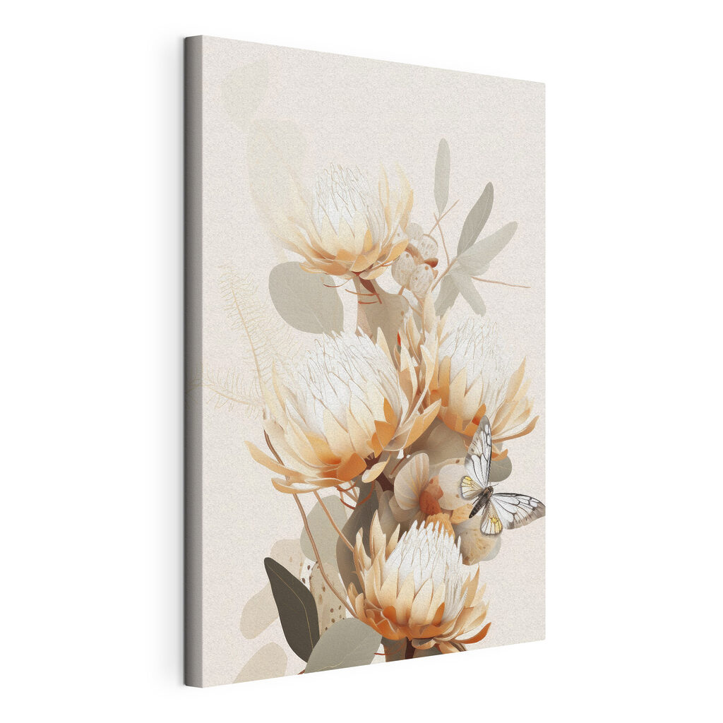 Proteas pálidas entre folhas, tela esticada e borda contínua