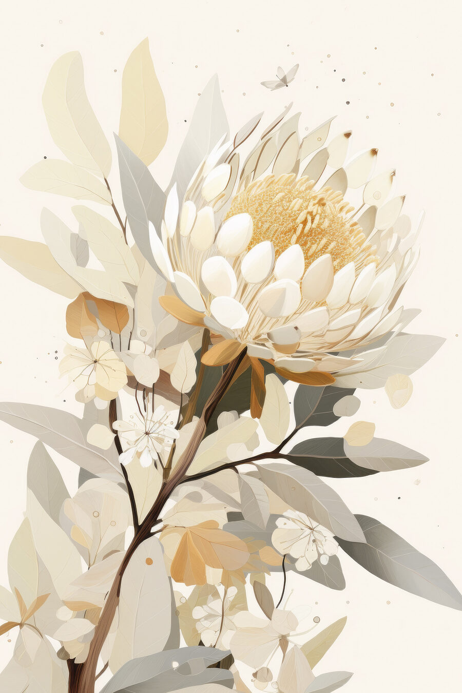 Protea entre folhas — design completo