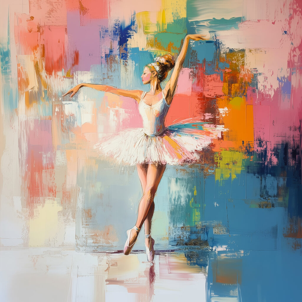 Bailarina entre blocos coloridos — design completo