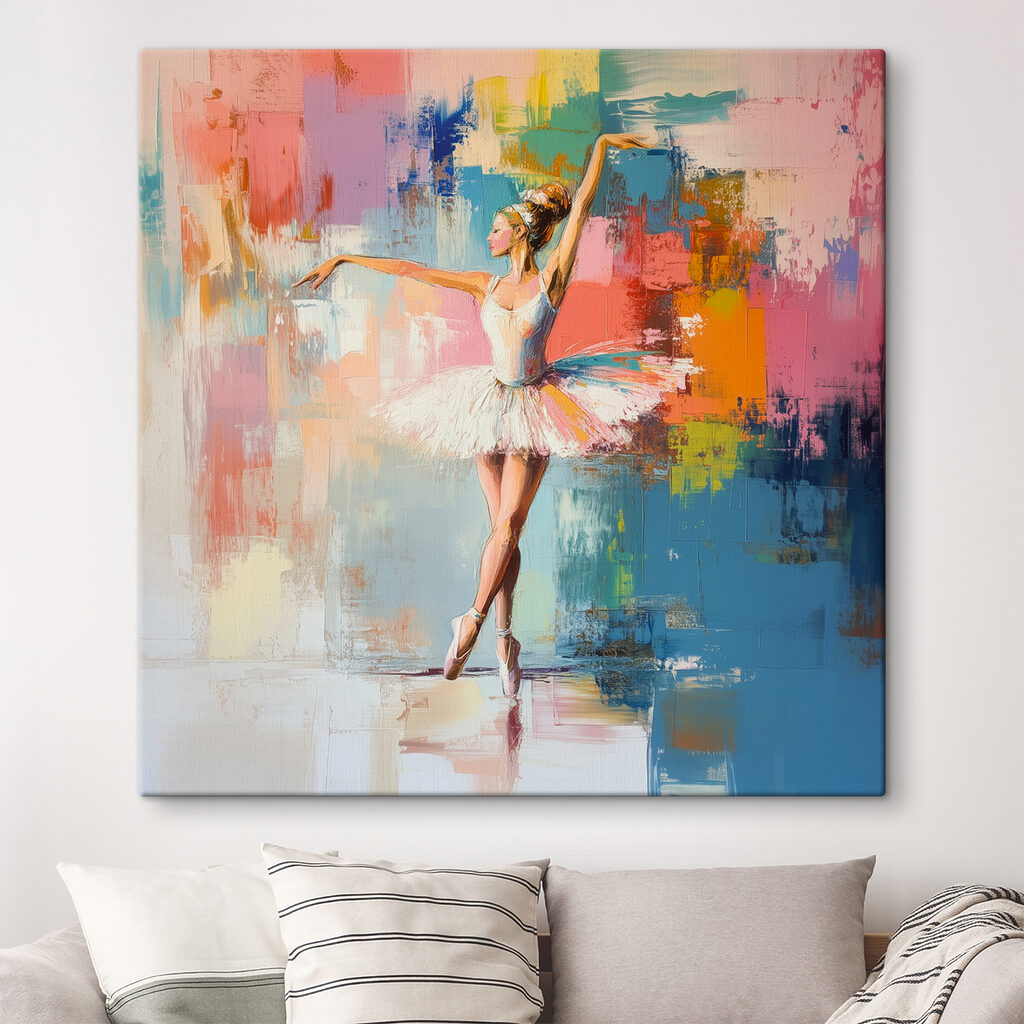 Bailarina entre blocos coloridos — interior 1