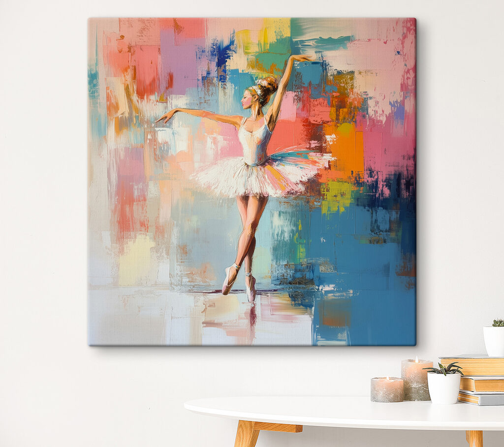 Bailarina entre blocos coloridos — interior 2