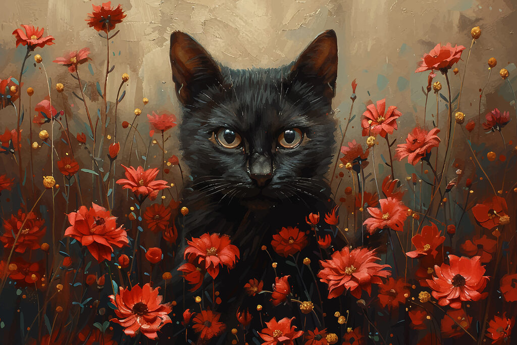 Gato preto entre flores — design completo