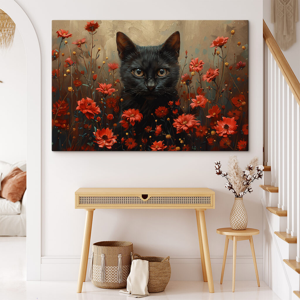 Gato preto entre flores — interior 2