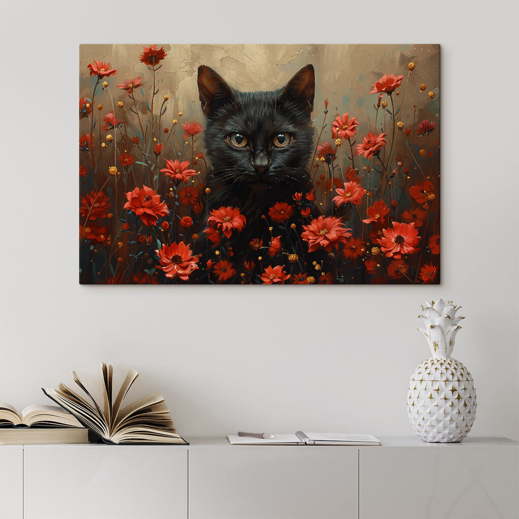 Gato preto entre flores num interior
