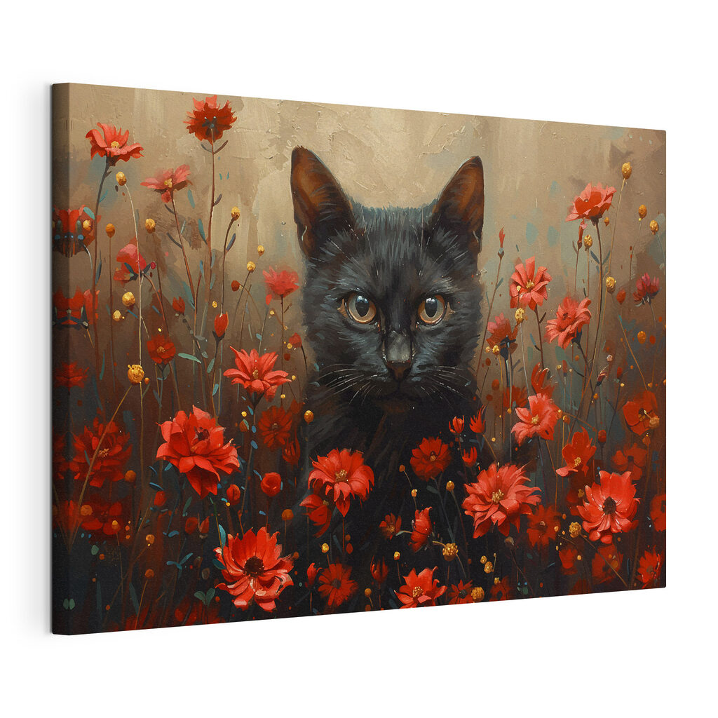 Gato preto entre flores, tela esticada e borda contínua