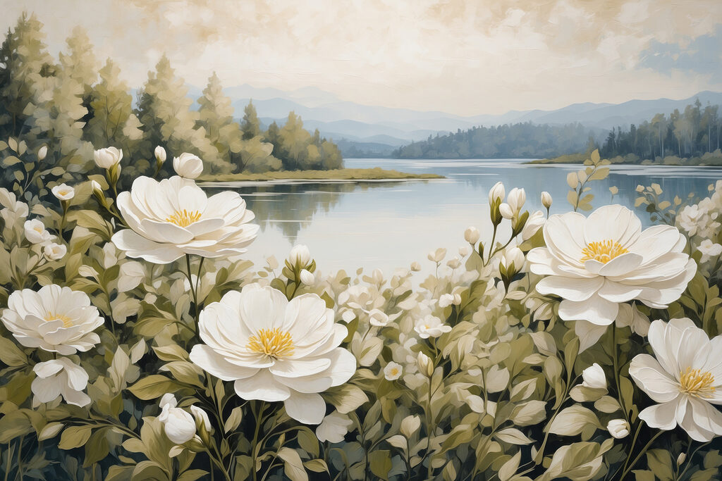 Flores brancas no lago — design completo