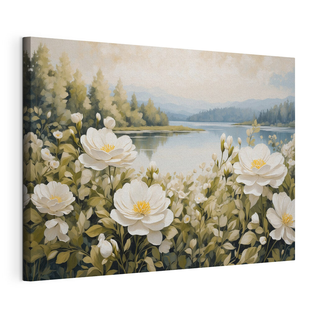 Flores brancas no lago, tela esticada e borda contínua