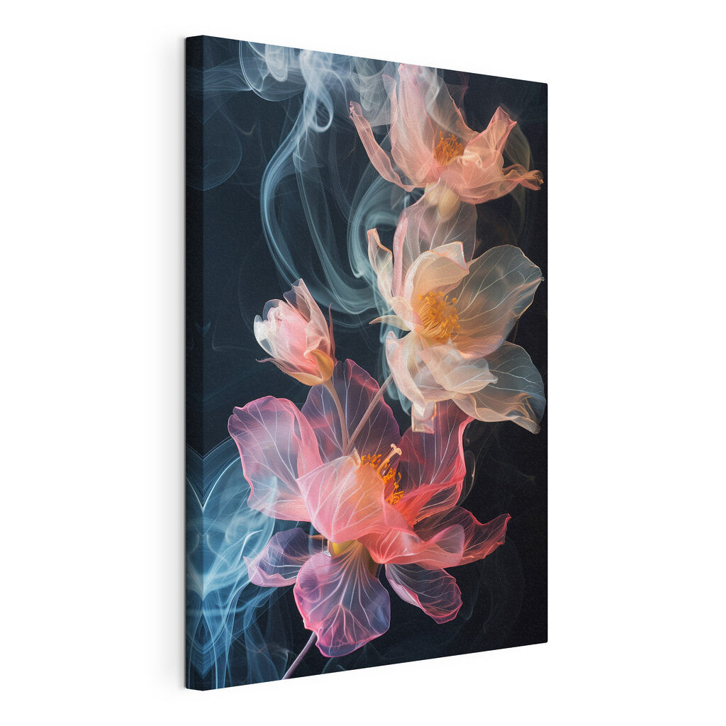 Flores de fumo colorido, tela esticada e borda contínua
