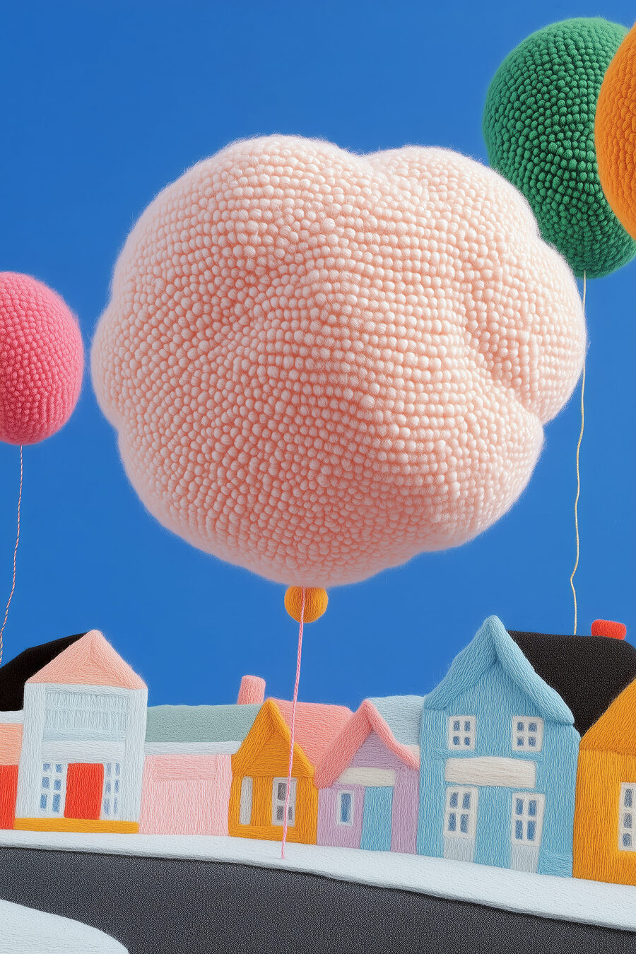 Balão cor-de-rosa sobre casas — design completo