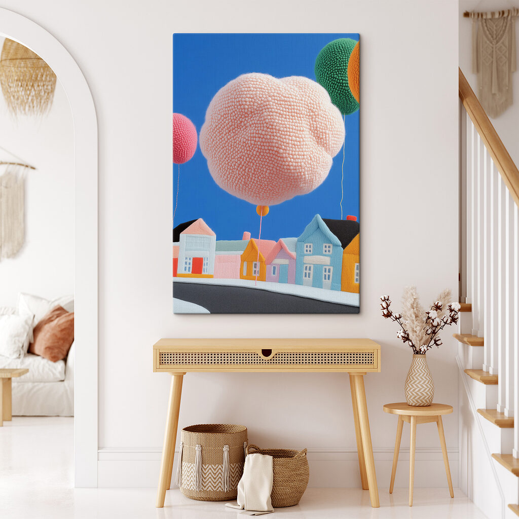 Balão cor-de-rosa sobre casas — interior 2