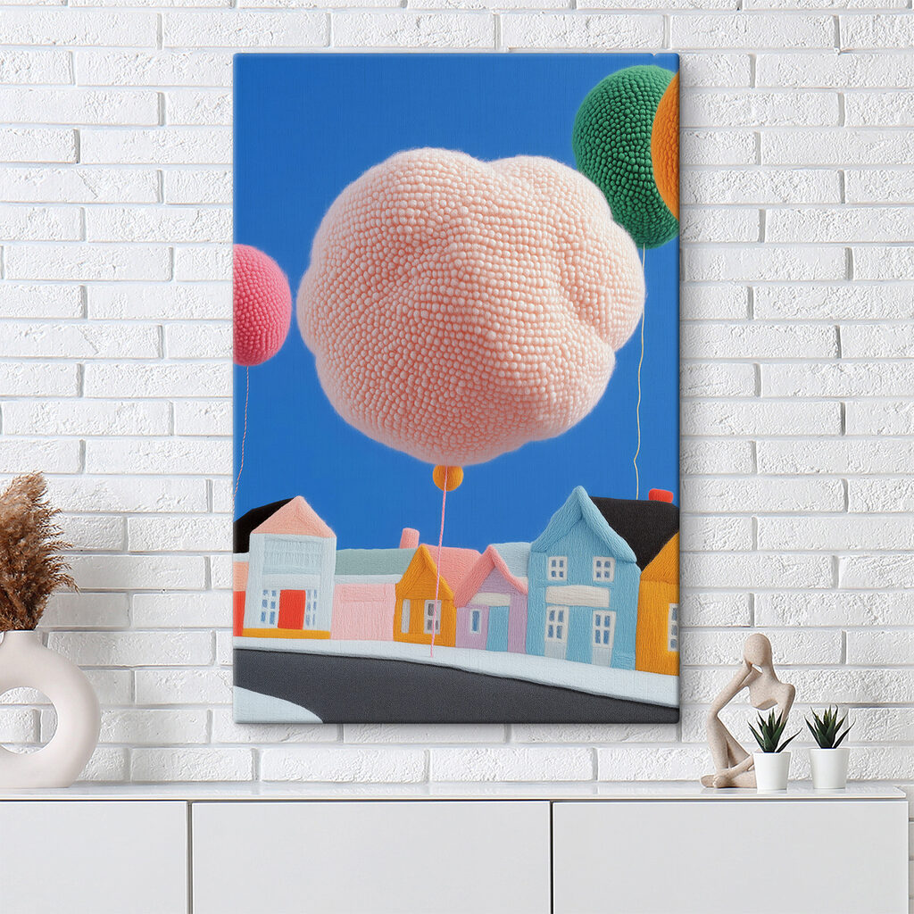 Balão cor-de-rosa sobre casas — interior 1