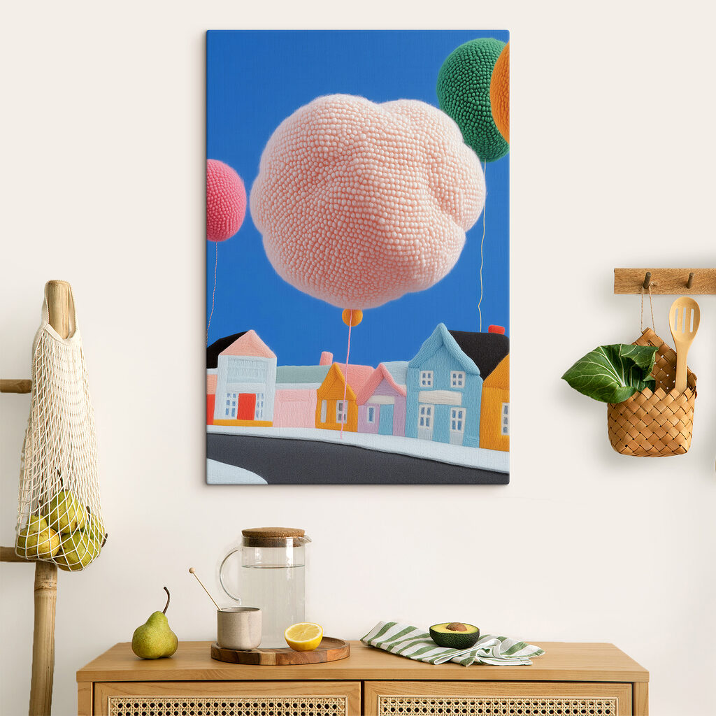 Balão cor-de-rosa sobre casas — interior 3