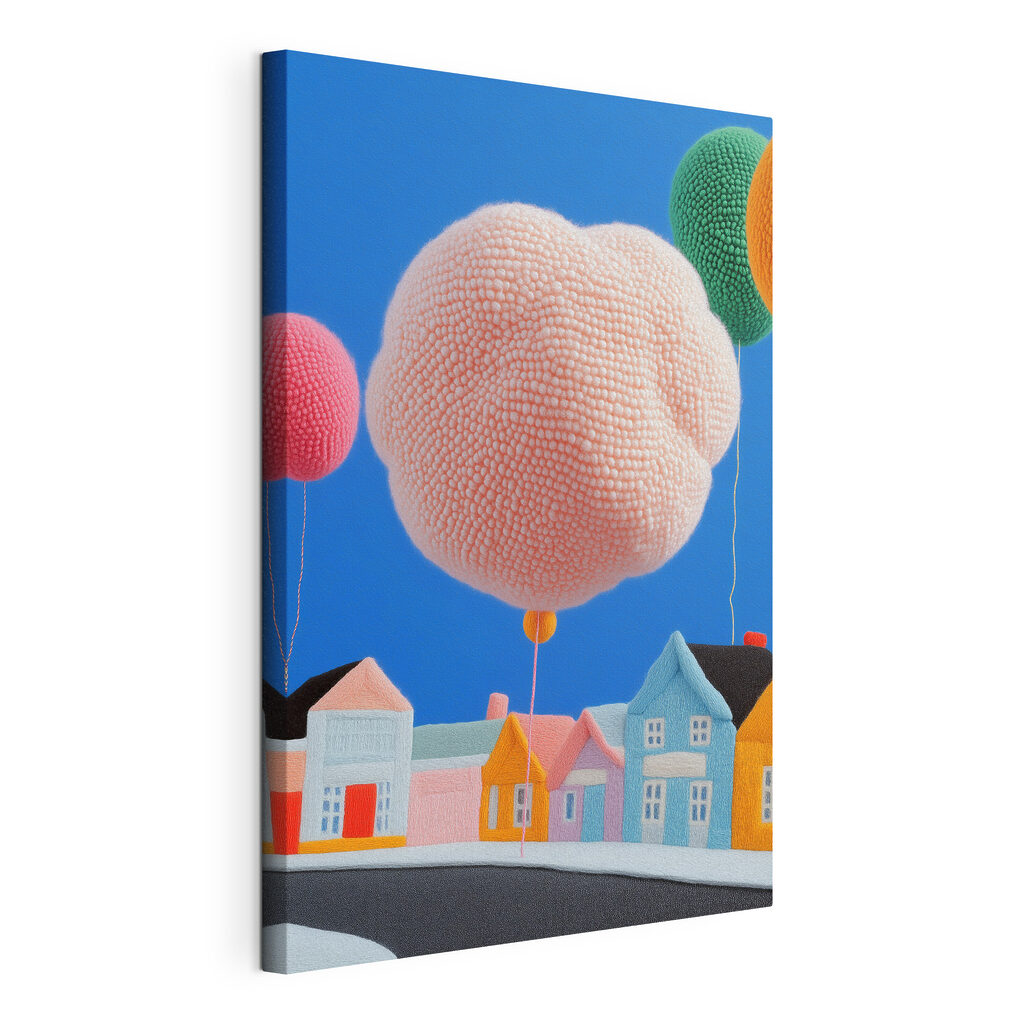Balão cor-de-rosa sobre casas, tela esticada e borda contínua