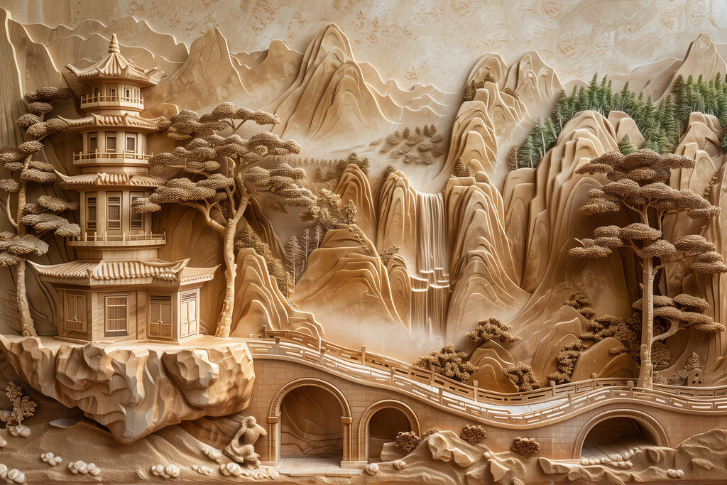 Pagode entre montanhas arenosas — design completo