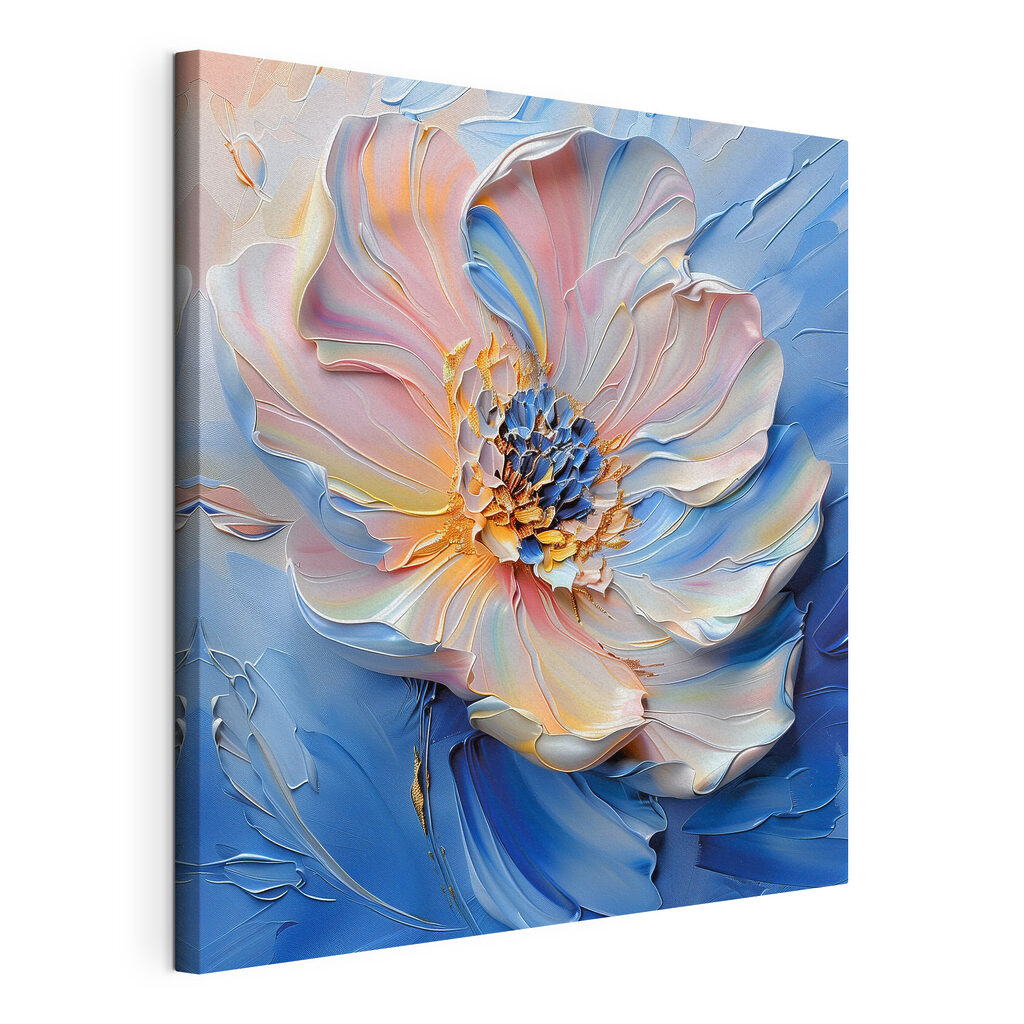 Flor pastel em azul-celeste, tela esticada e borda contínua