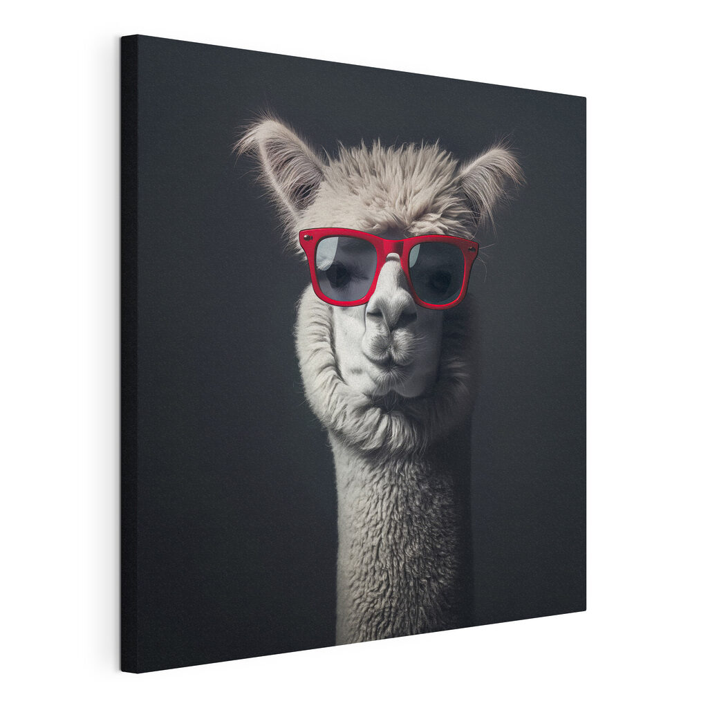 Lama com óculos vermelhos, tela esticada e borda contínua