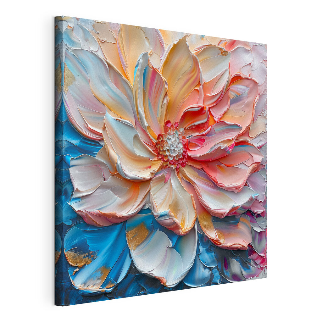 Flor coral e azul, tela esticada e borda contínua