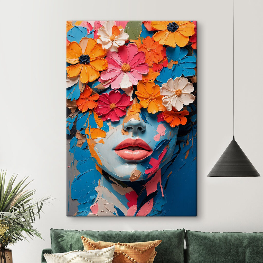 Retrato coroado de flores num interior