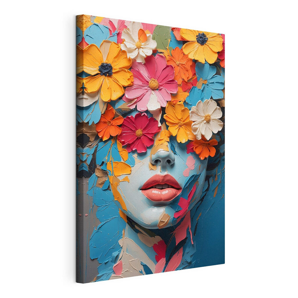 Retrato coroado de flores, tela esticada e borda contínua