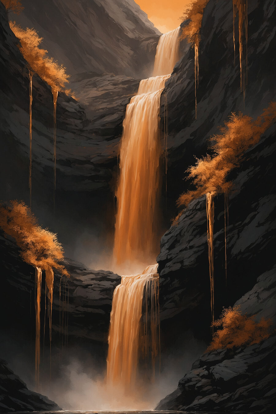 Cascata dourada entre sombras — design completo