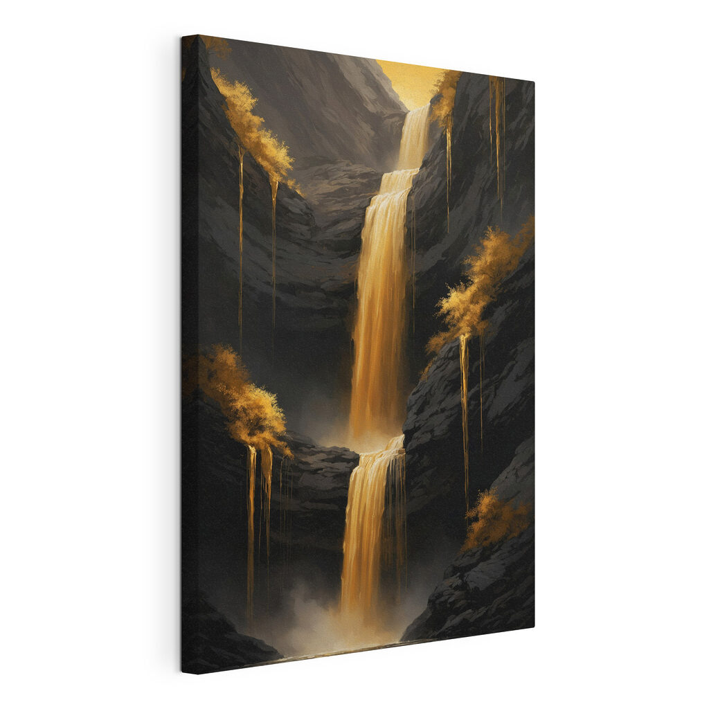 Cascata dourada entre sombras, tela esticada e borda contínua