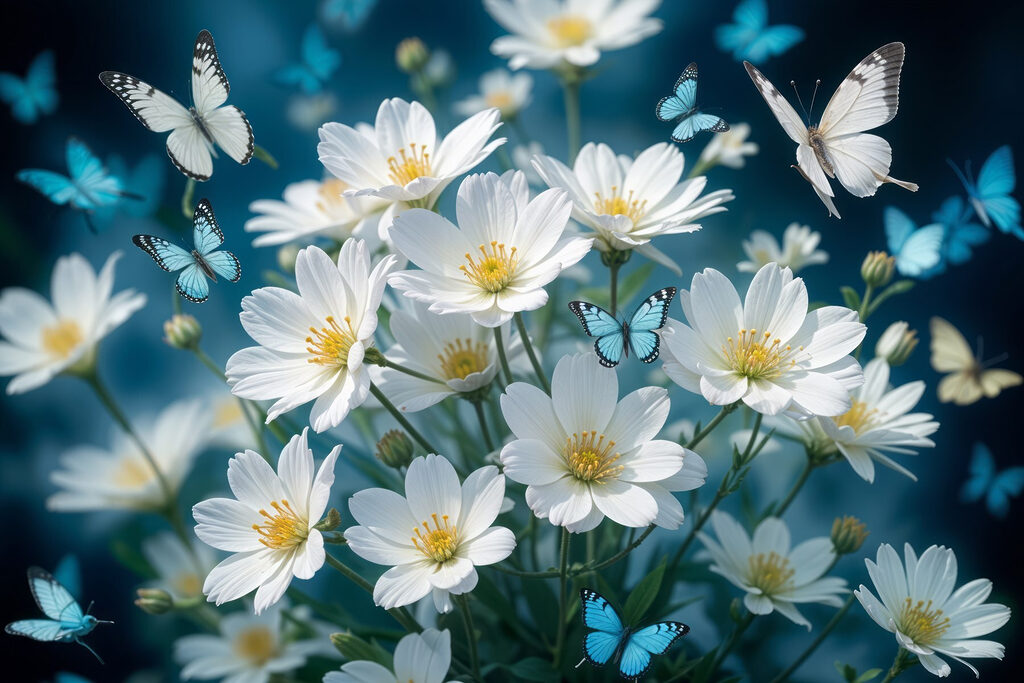 Borboletas sobre flores brancas — design completo