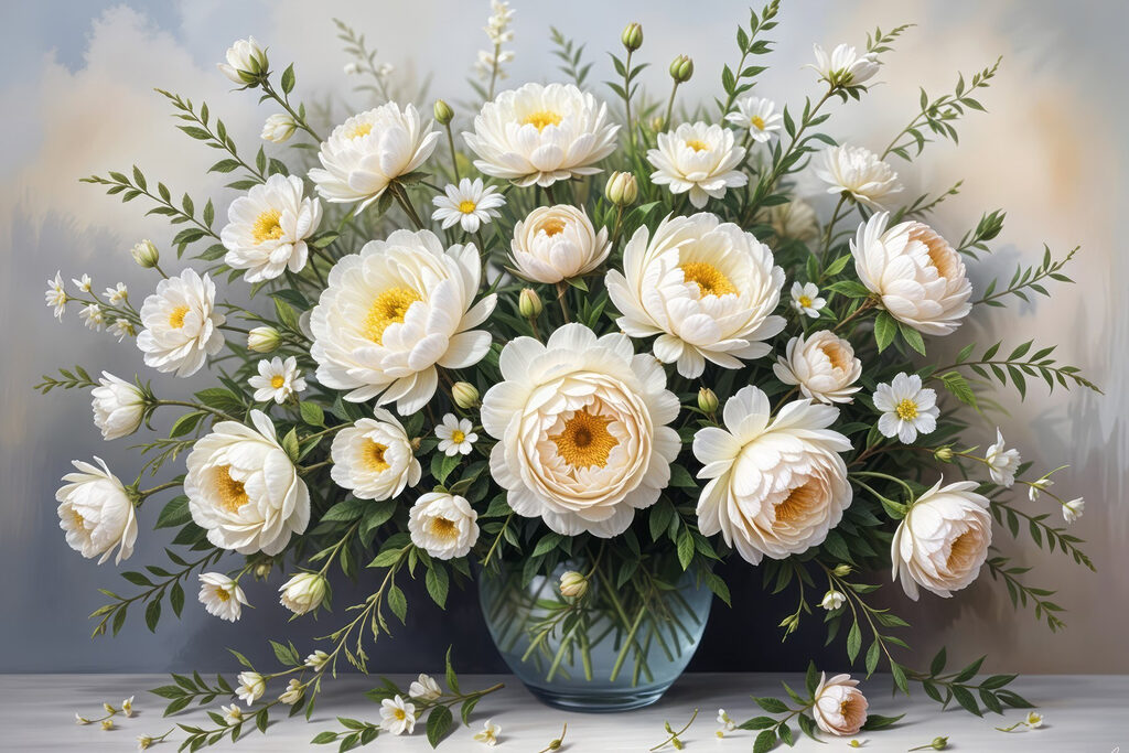 Rosas brancas em vaso — design completo