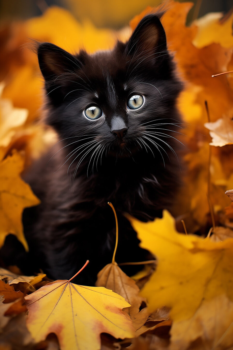 Gatinho preto entre folhas — design completo
