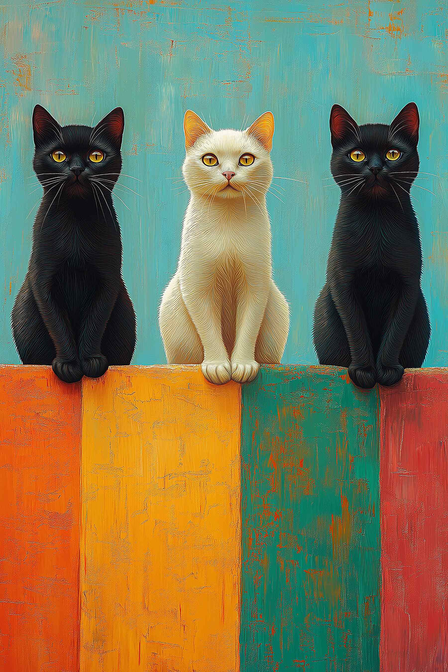 Gatos sobre faixas coloridas — design completo