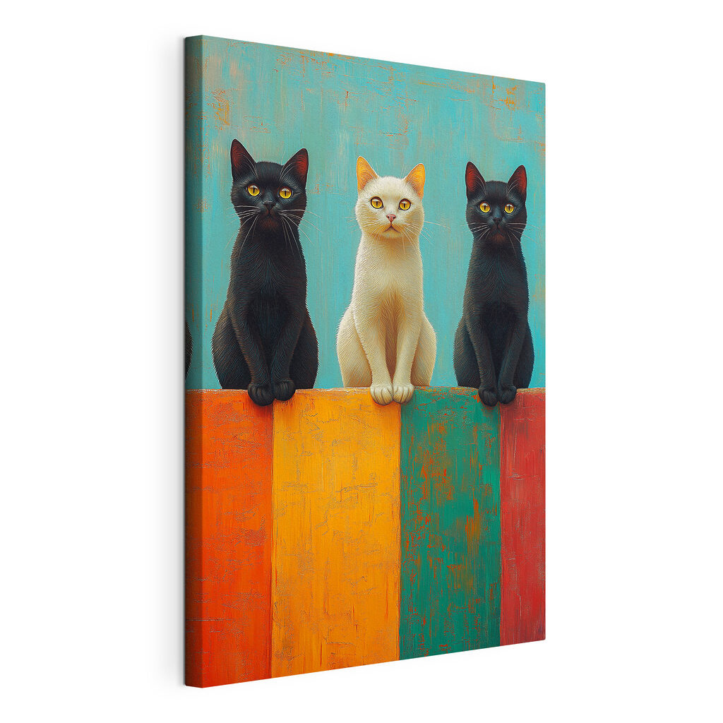 Gatos sobre faixas coloridas, tela esticada e borda contínua