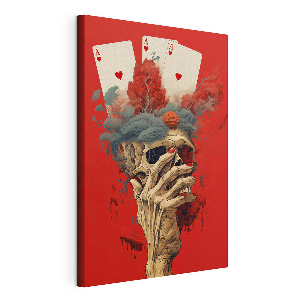 Caveira entre cartas, tela esticada e borda contínua