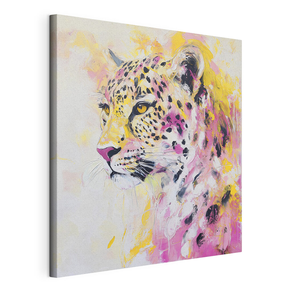 Leopardo entre aguarela rosa, tela esticada e borda contínua