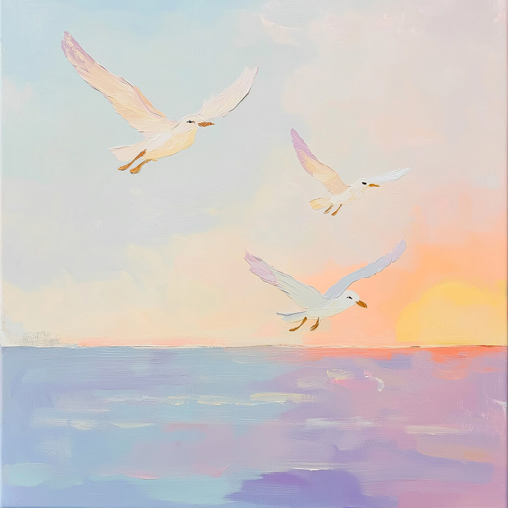 Gaivotas sobre entardecer pastel — design completo