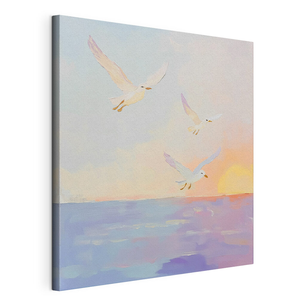 Gaivotas sobre entardecer pastel, tela esticada e borda contínua