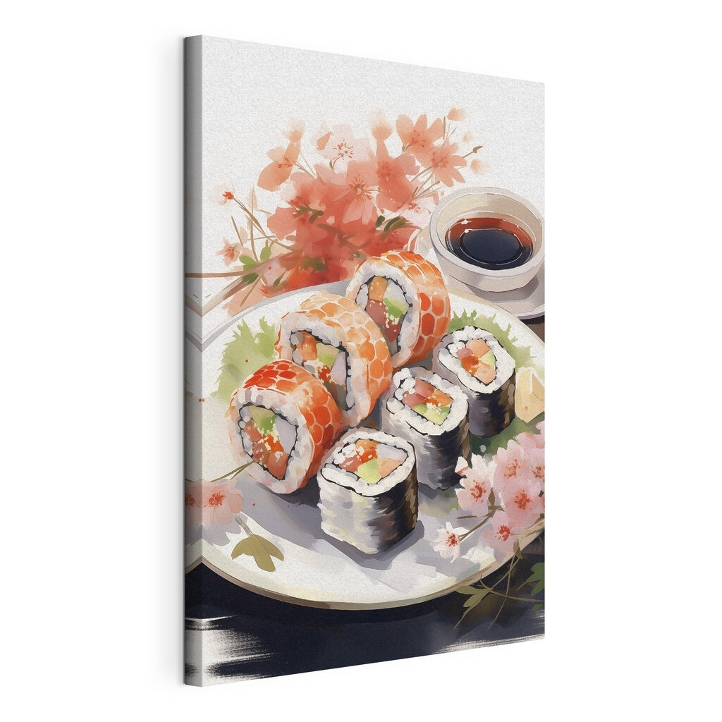 Sushi e ramo outonal, tela esticada e borda contínua