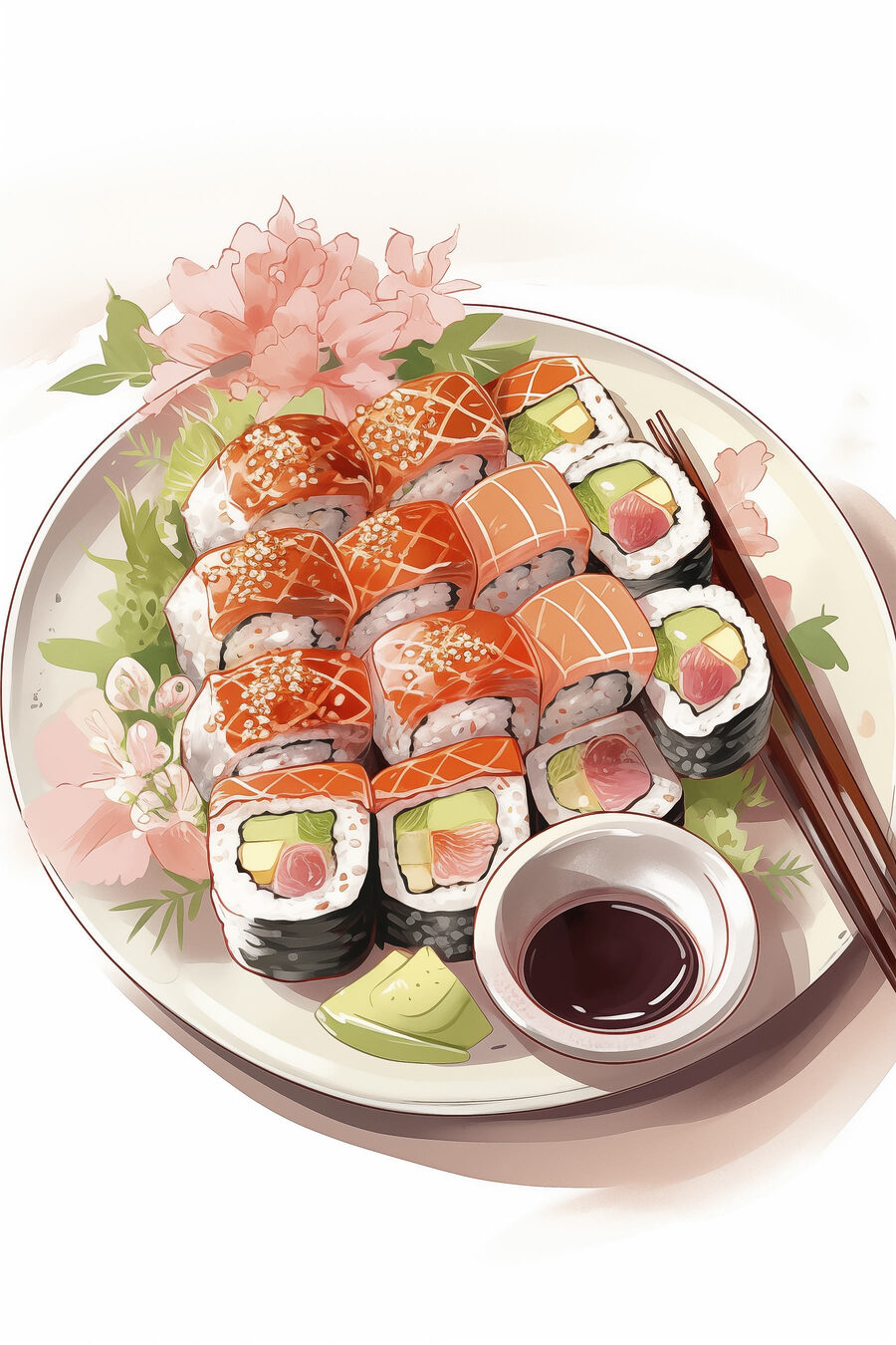 Sushi com flor cor-de-rosa — design completo