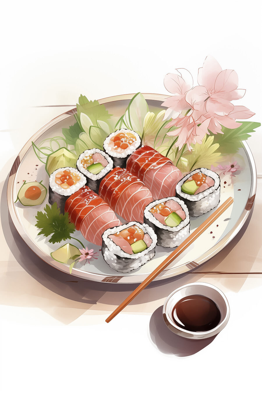 Sushi sob ramo florido — design completo