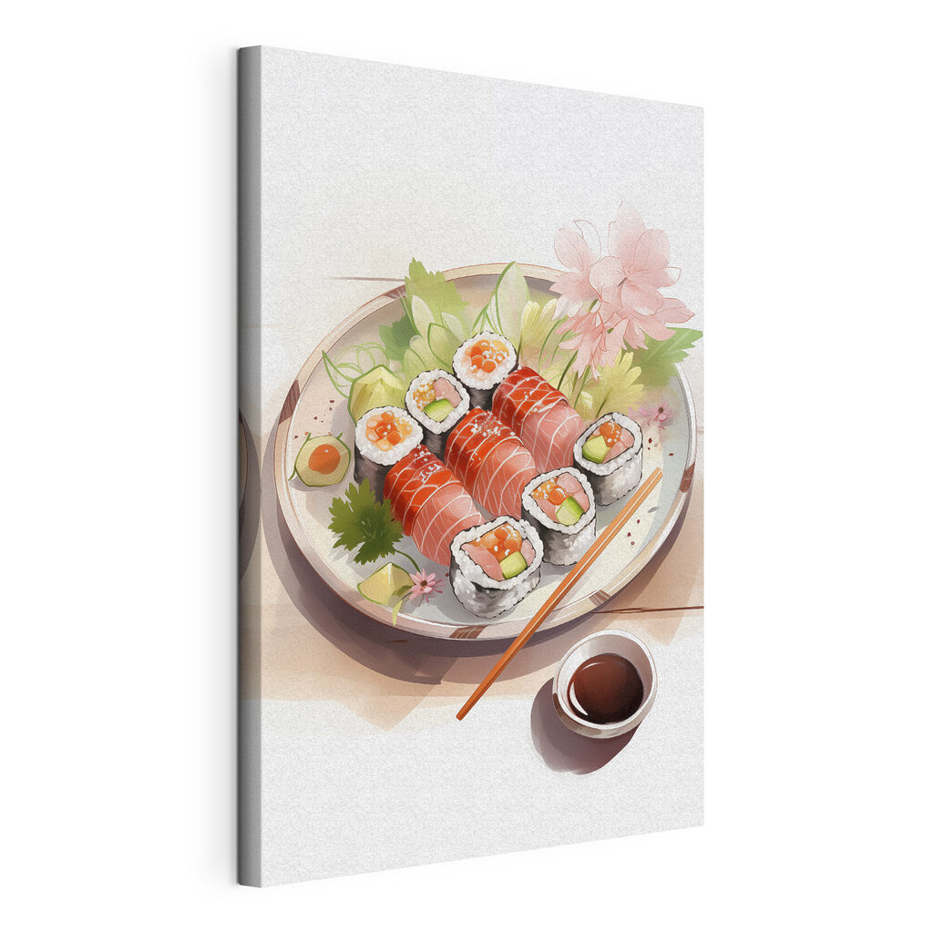 Sushi sob ramo florido, tela esticada e borda contínua