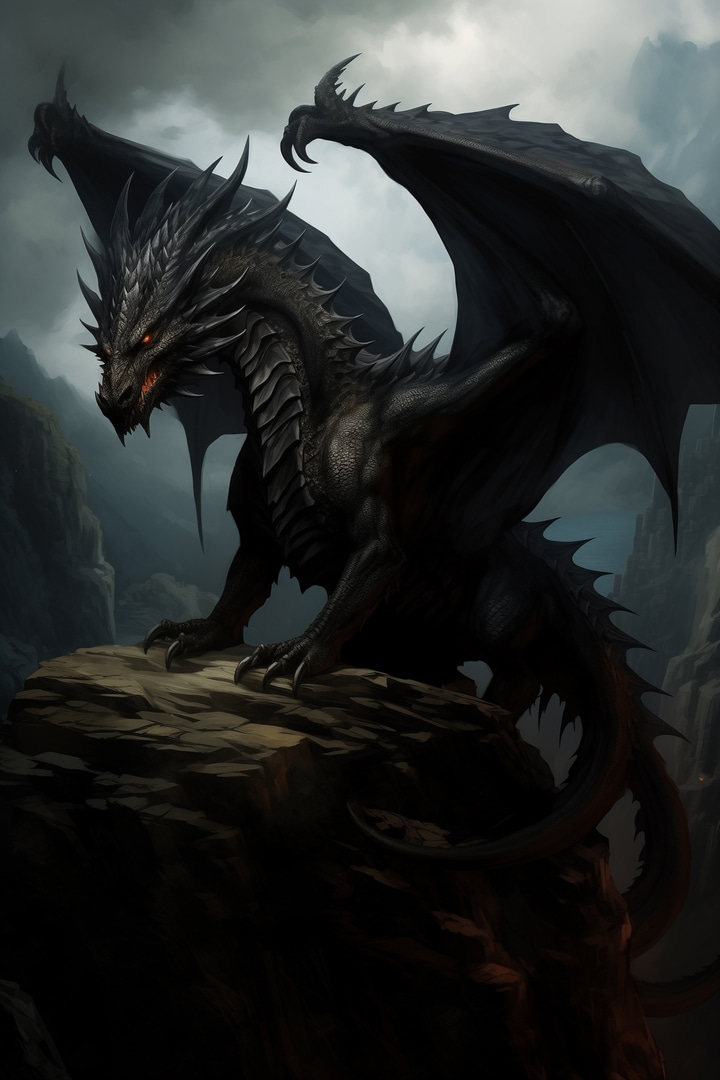 Dragão escuro sobre rochedos — design completo