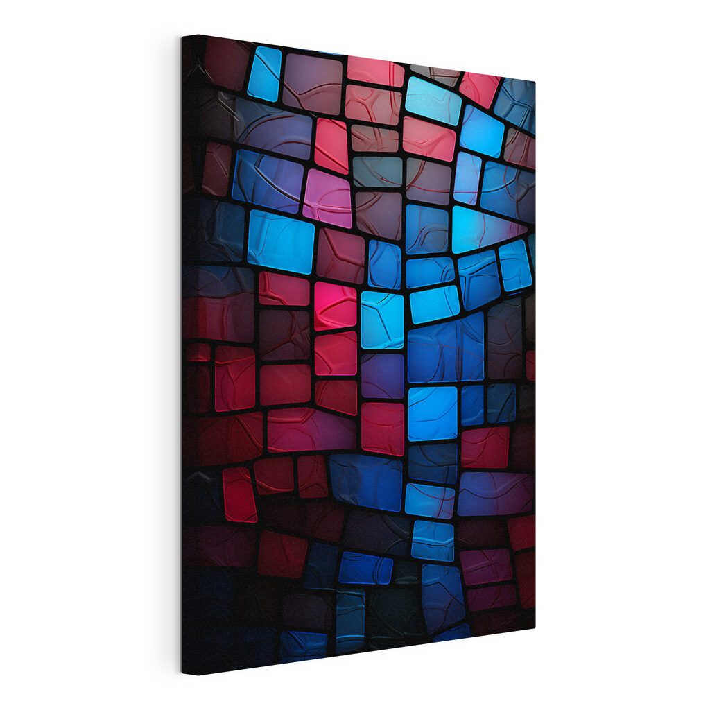 Mosaico azul e vermelho, tela esticada e borda contínua