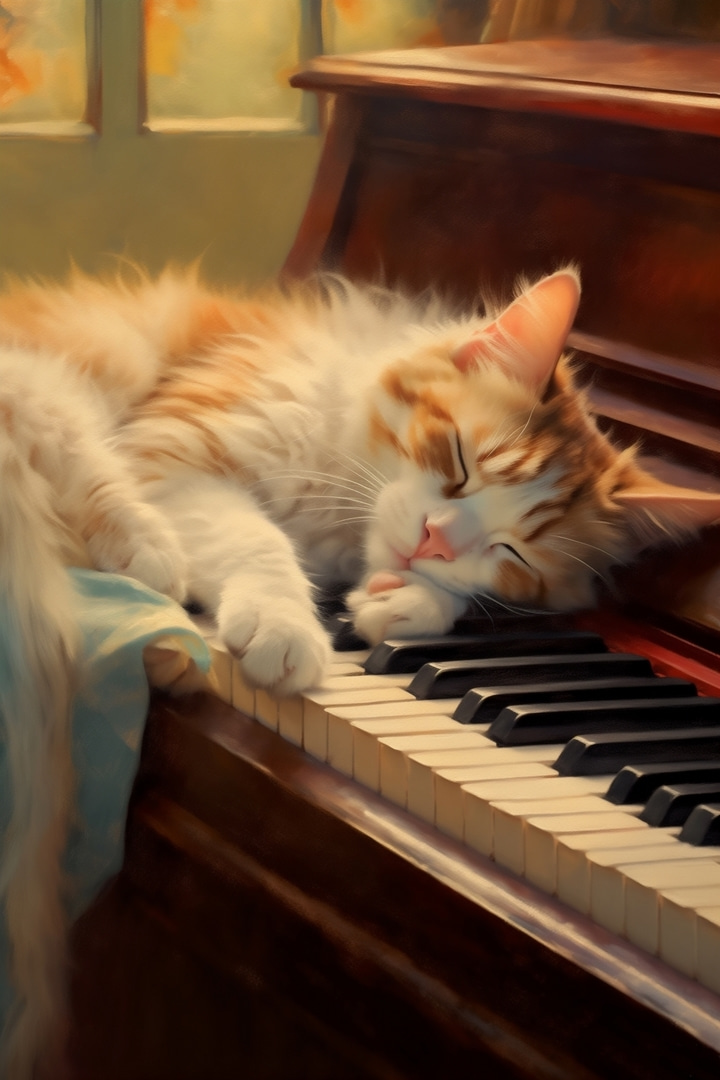 Gatinho adormecido no piano — design completo