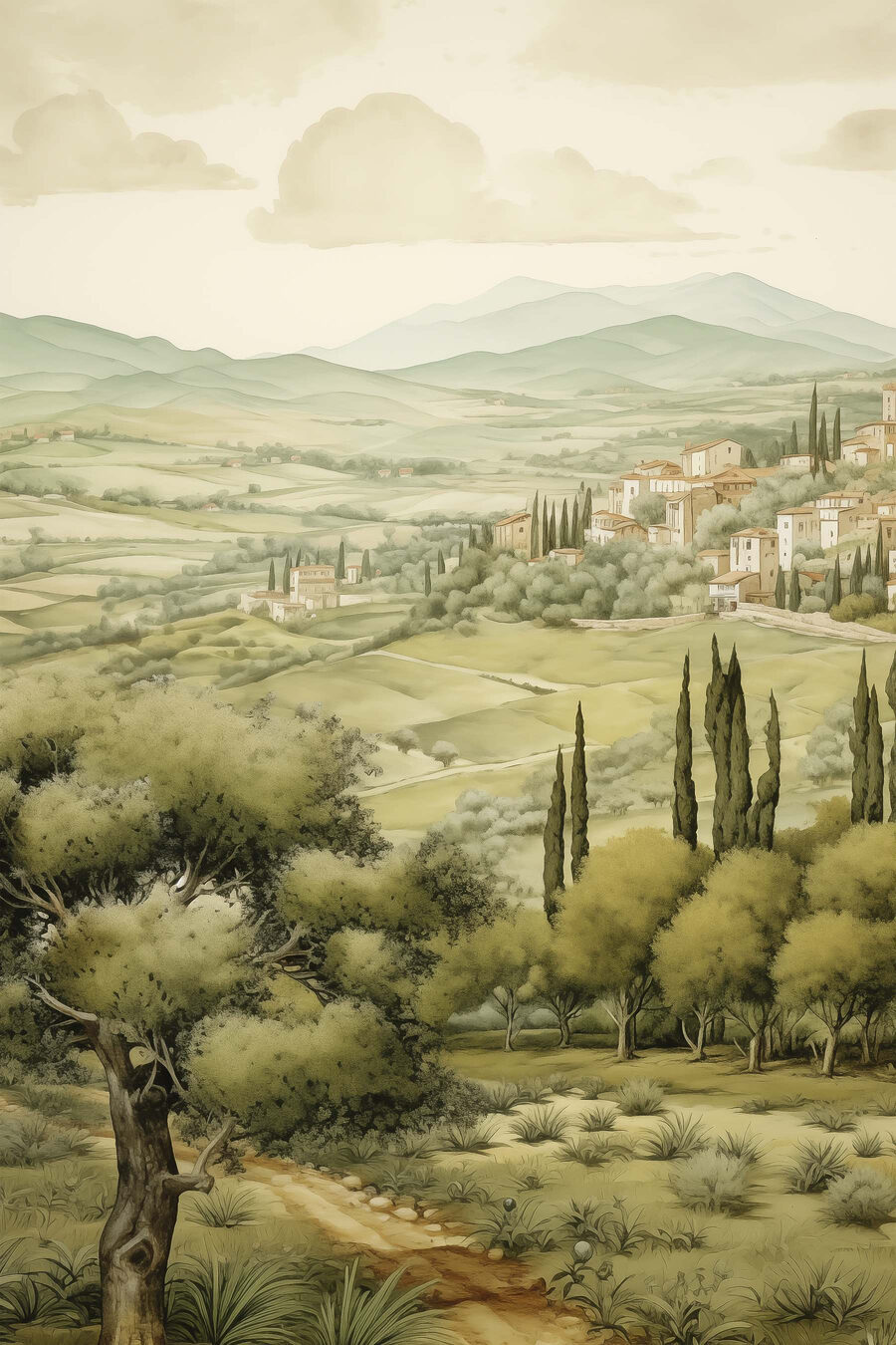 Aldeia entre colinas verdes — design completo