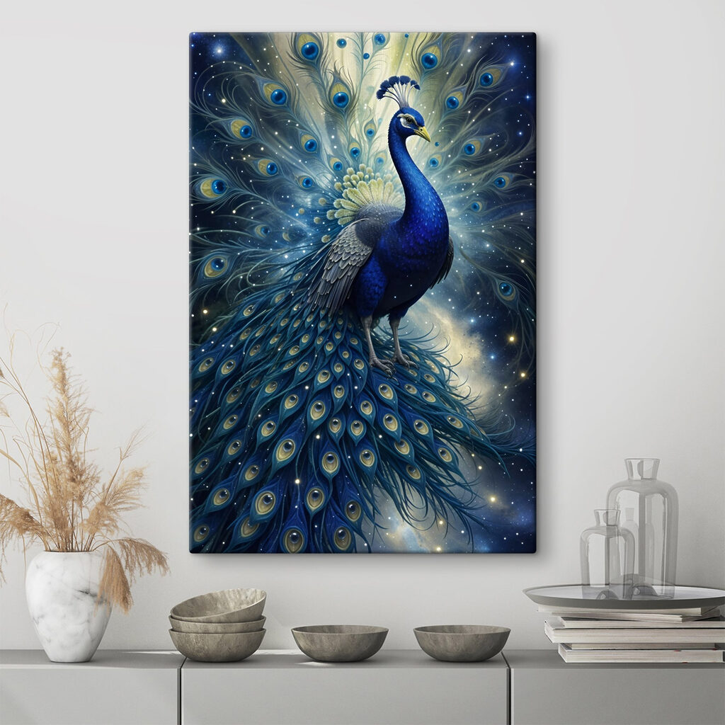 Pavão de cauda radiante num interior