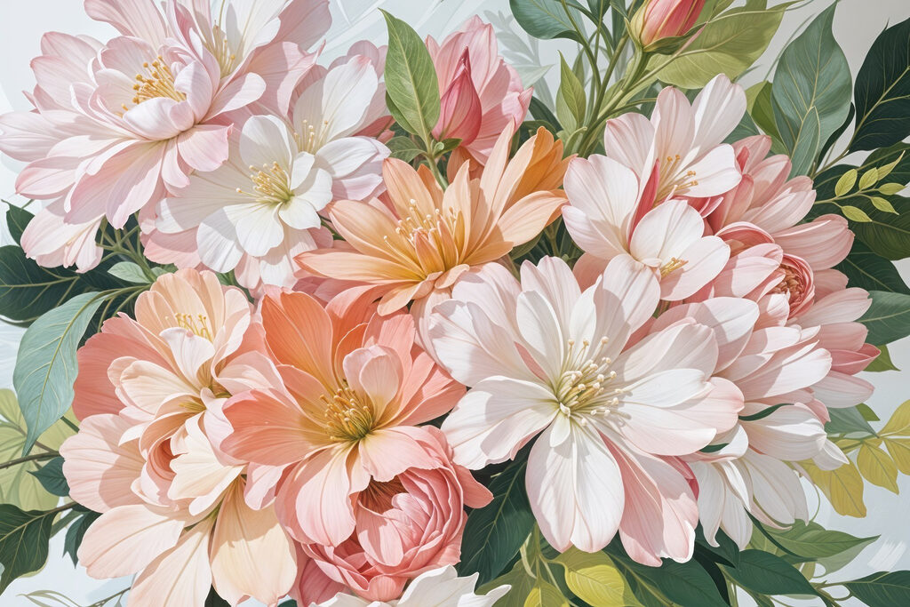 Flores pastel entre folhas — design completo