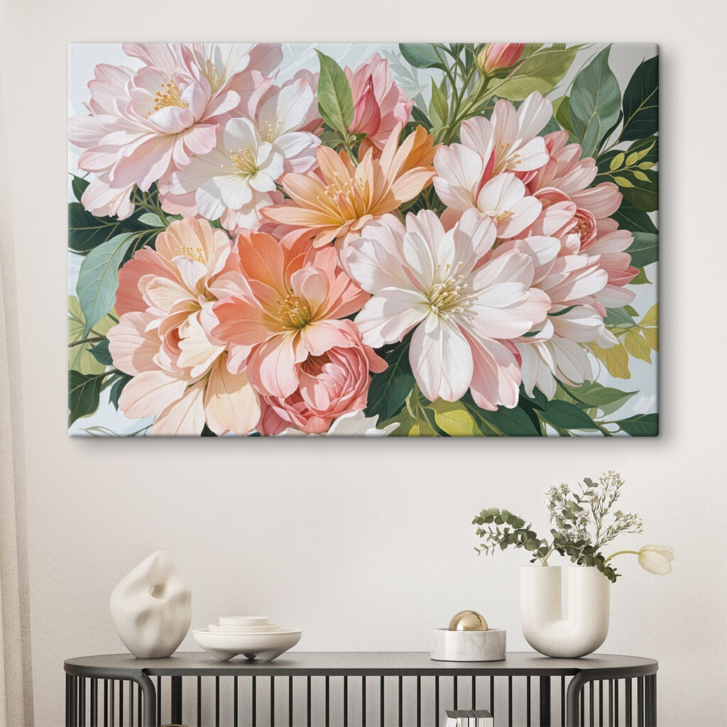 Flores pastel entre folhas — interior 2