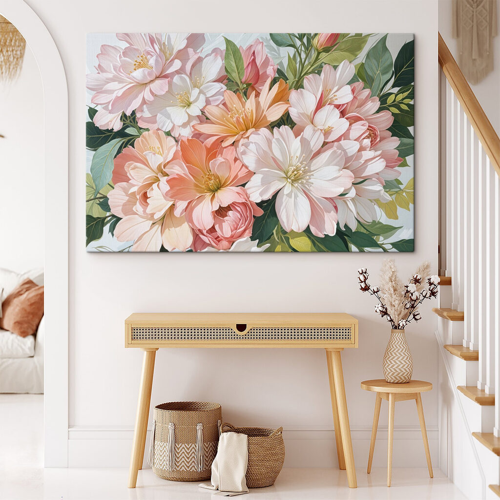 Flores pastel entre folhas — interior 1