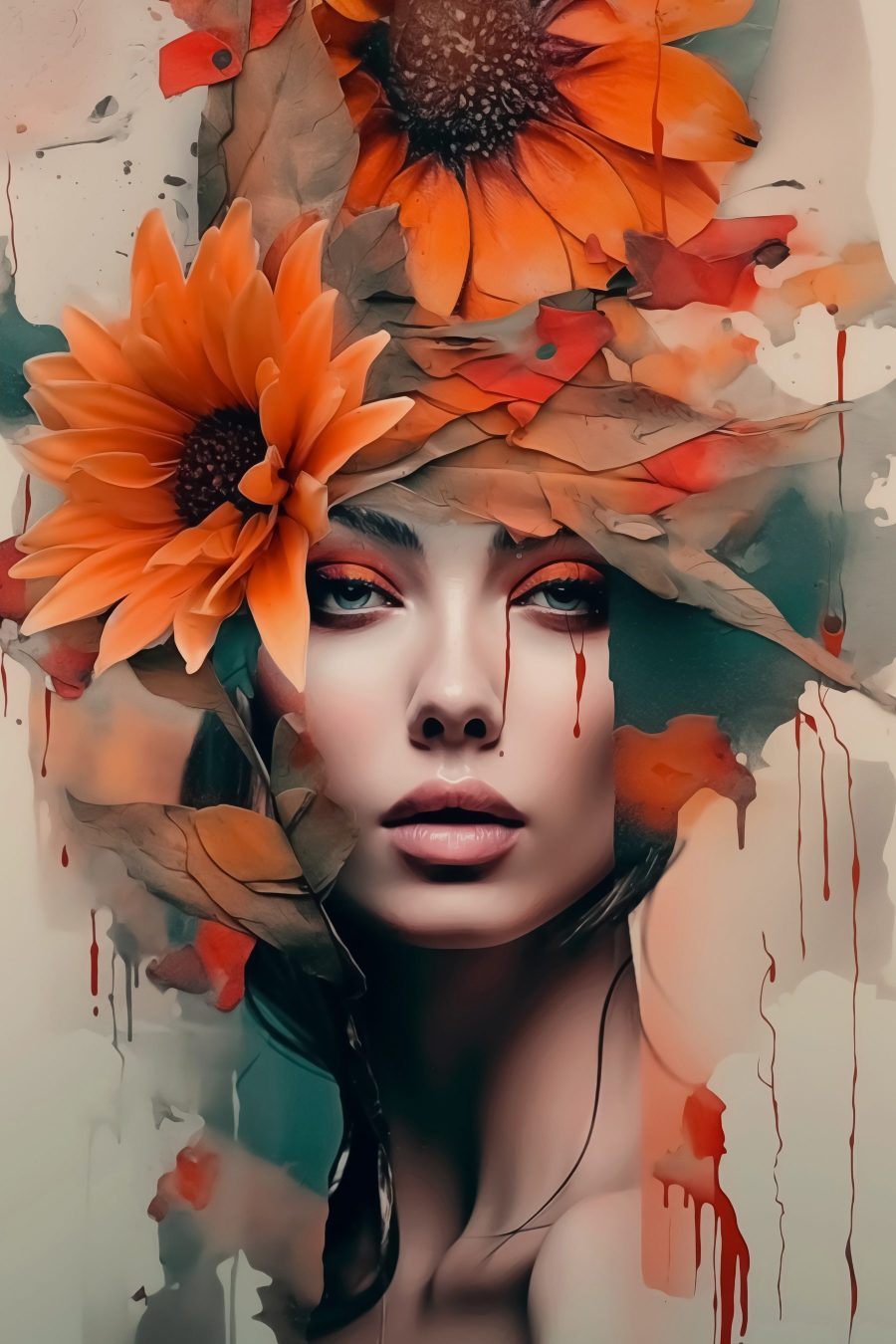 Rosto entre flores alaranjadas — design completo