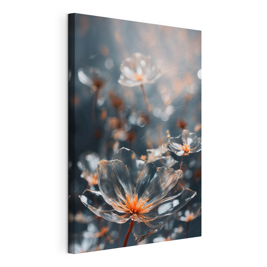 Flores com gotas luminosas, tela esticada e borda contínua