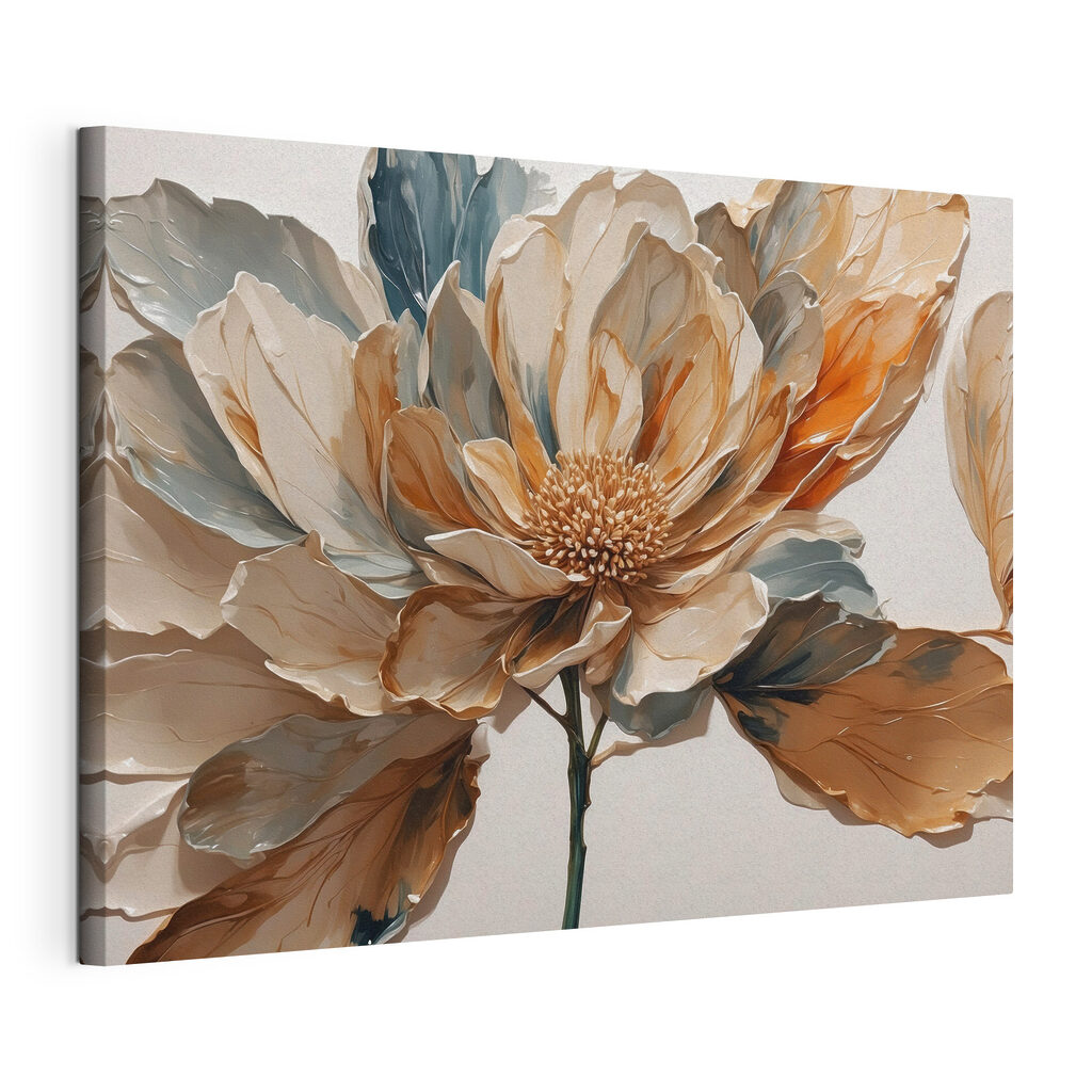 Flor em tons terrosos, tela esticada e borda contínua