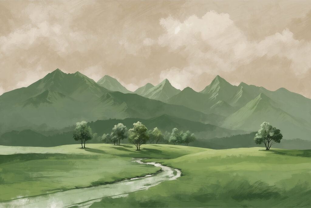 Rio num vale verde — design completo